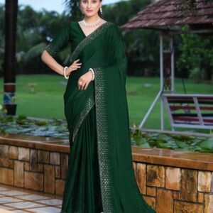 Dark green plain georgette saree with a soft, flowing drape and lightweight fabric, styled for an elegant and minimal look.